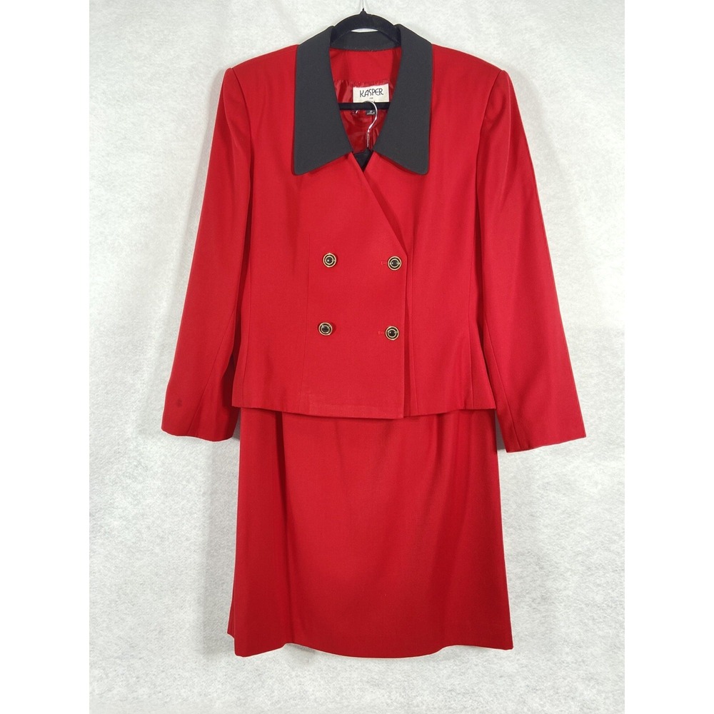 Vintage Kasper 2PC Skirt Suit Women's 16 Red Double Breasted Long Sleeve